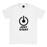 White t-shirt with black graphic and 'JUST START' text on a white background
