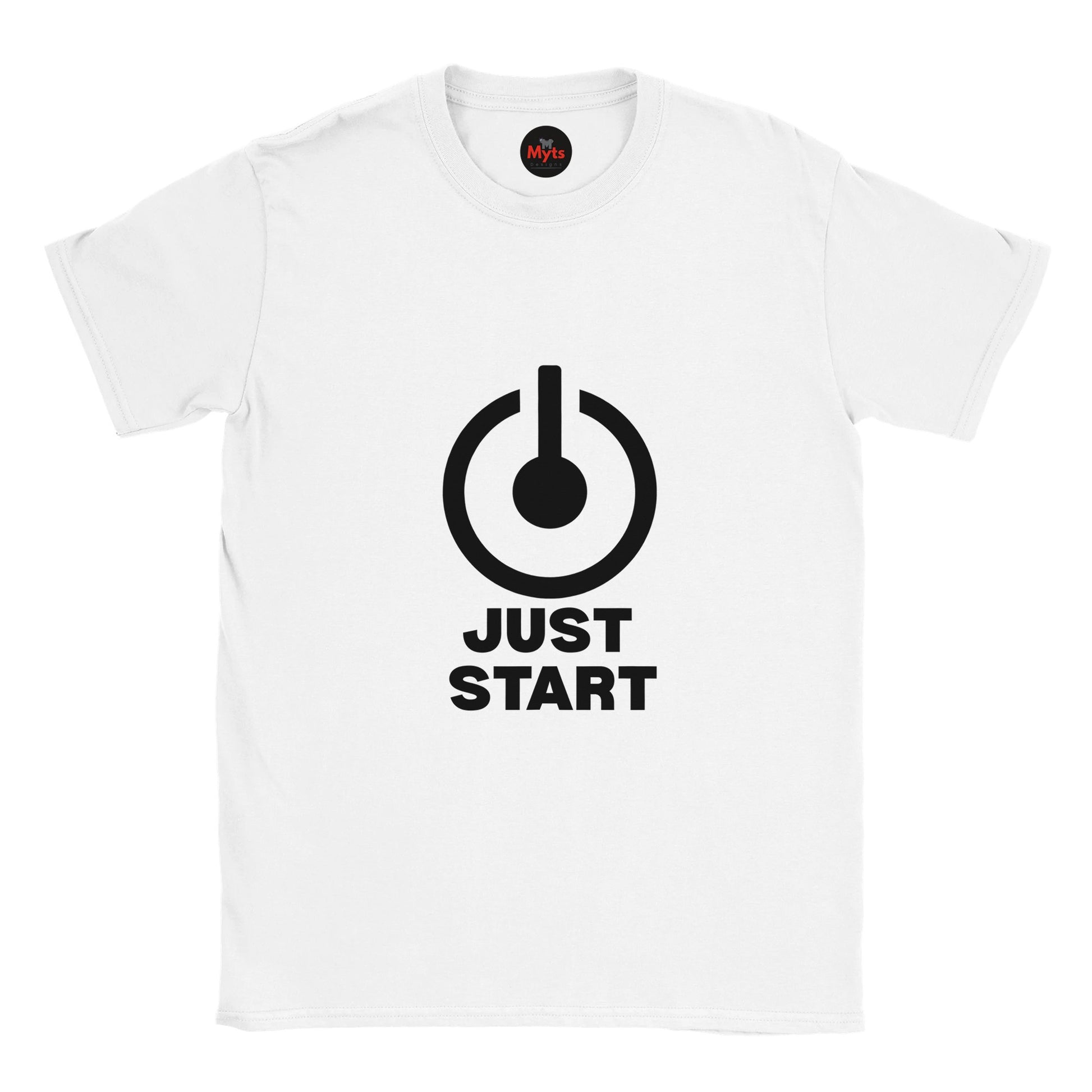 White t-shirt with black graphic and 'JUST START' text on a white background