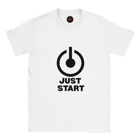 White t-shirt with black graphic and 'JUST START' text on a white background