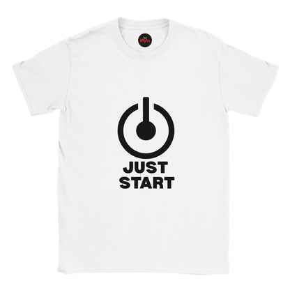 White t-shirt with black graphic and 'JUST START' text on a white background