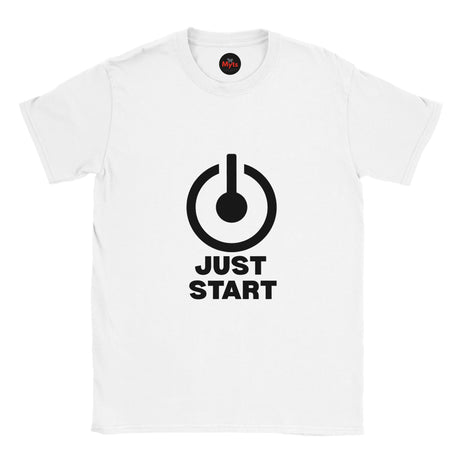 White t-shirt with black graphic and 'JUST START' text on a white background