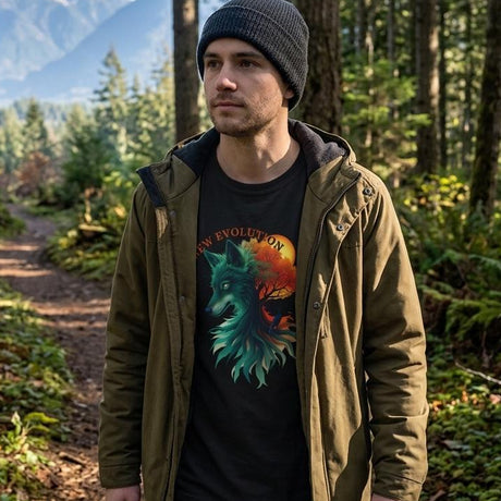 A man standing on a forest path wearing a dark gray beanie, an olive green hooded jacket, and a black graphic t-shirt with a colorful wolf design and the text 'THE WOLF IS NOT YOUR BROTHER'.