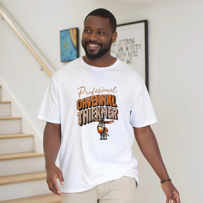 Man wearing a white t-shirt with a graphic design and text, standing indoors.