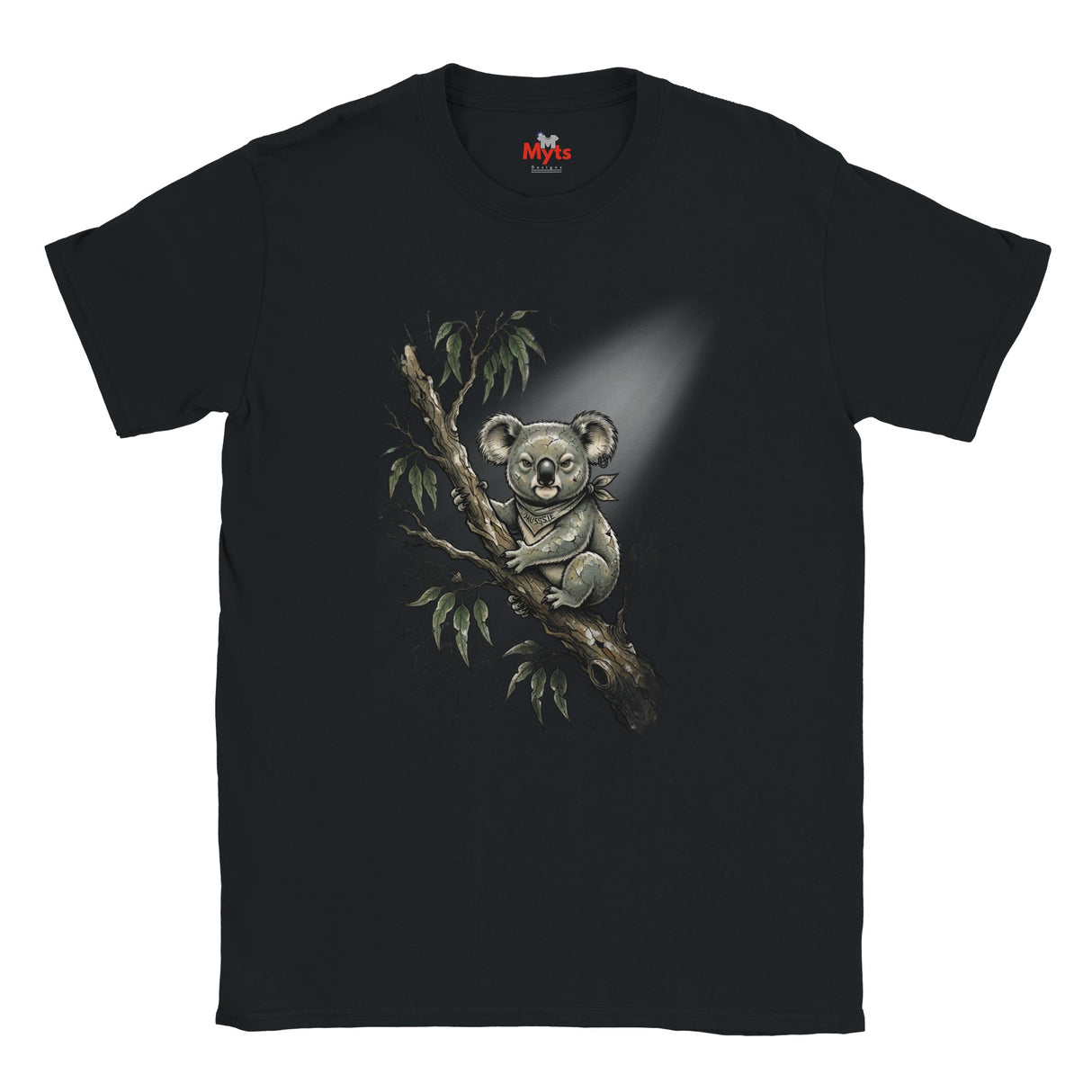 A black short-sleeve crewneck t-shirt featuring a detailed graphic print of a koala sitting on a tree branch with eucalyptus leaves, set against a plain white background.