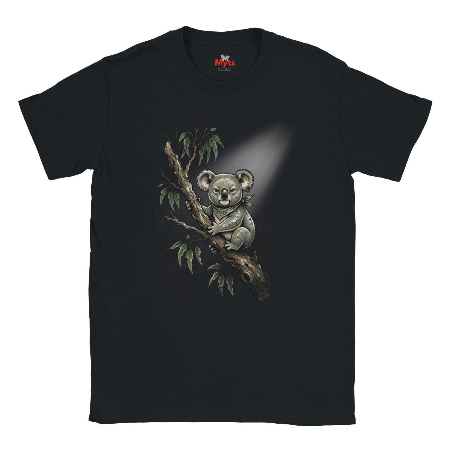 A black short-sleeve crewneck t-shirt featuring a detailed graphic print of a koala sitting on a tree branch with eucalyptus leaves, set against a plain white background.