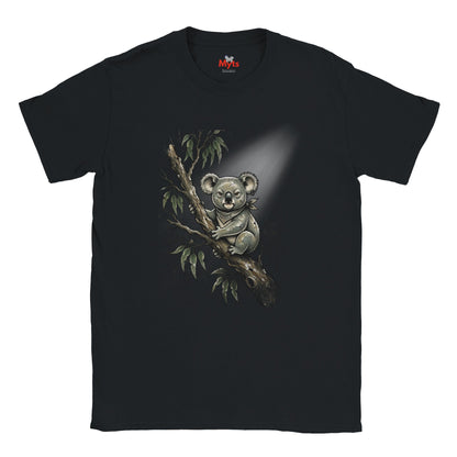 A black short-sleeve crewneck t-shirt featuring a detailed graphic print of a koala sitting on a tree branch with eucalyptus leaves, set against a plain white background.