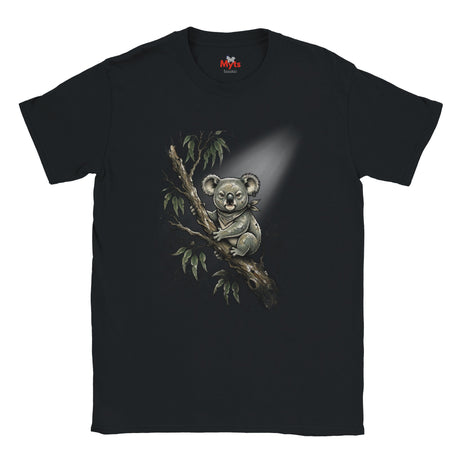 A black short-sleeve crewneck t-shirt featuring a detailed graphic print of a koala sitting on a tree branch with eucalyptus leaves, set against a plain white background.