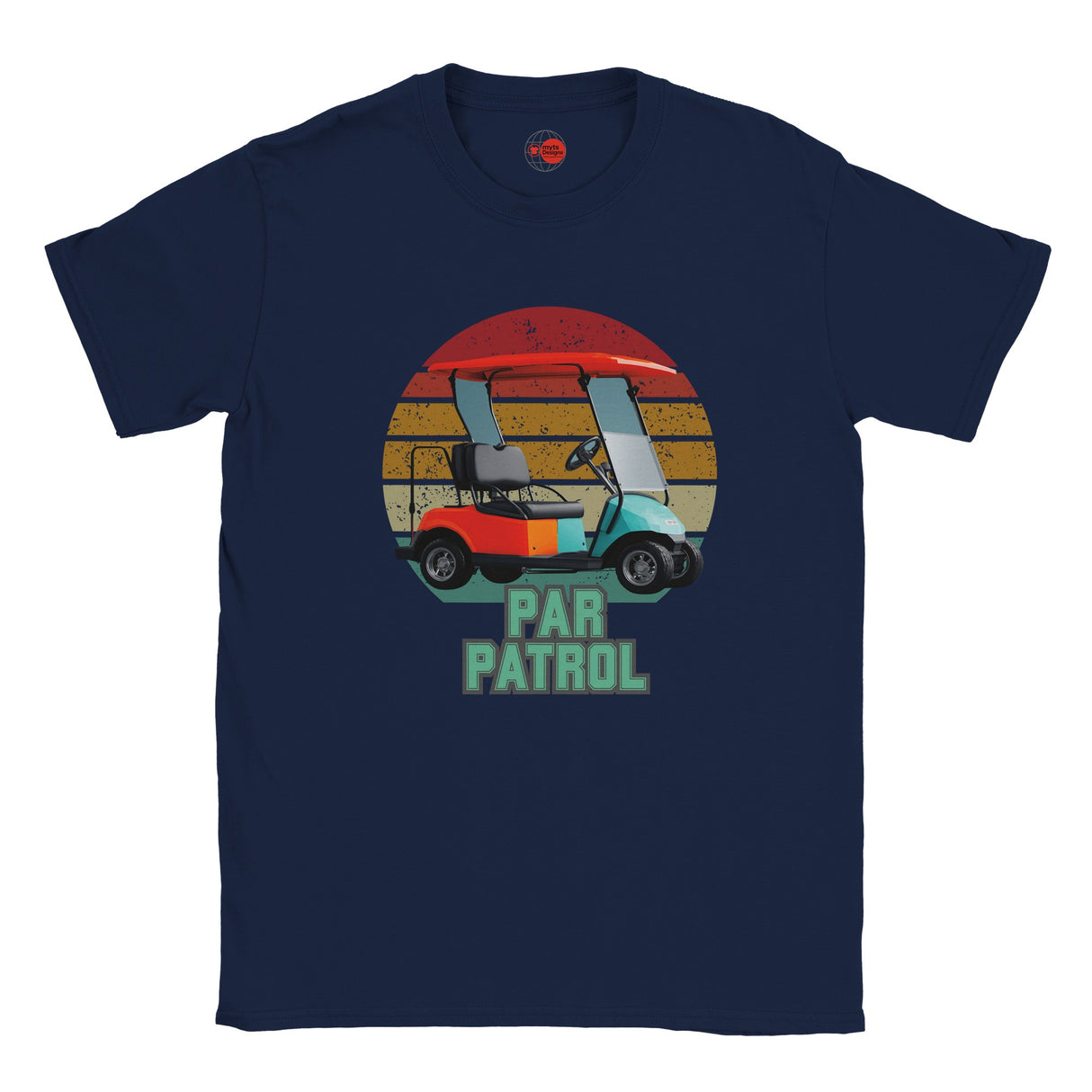 Navy blue t-shirt with a colorful graphic of a golf cart and 'Par Patrol' text on a white background