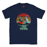 Navy blue t-shirt with a colorful graphic of a golf cart and 'Par Patrol' text on a white background