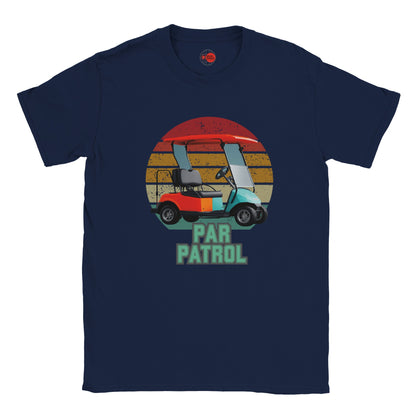 Navy blue t-shirt with a colorful graphic of a golf cart and 'Par Patrol' text on a white background