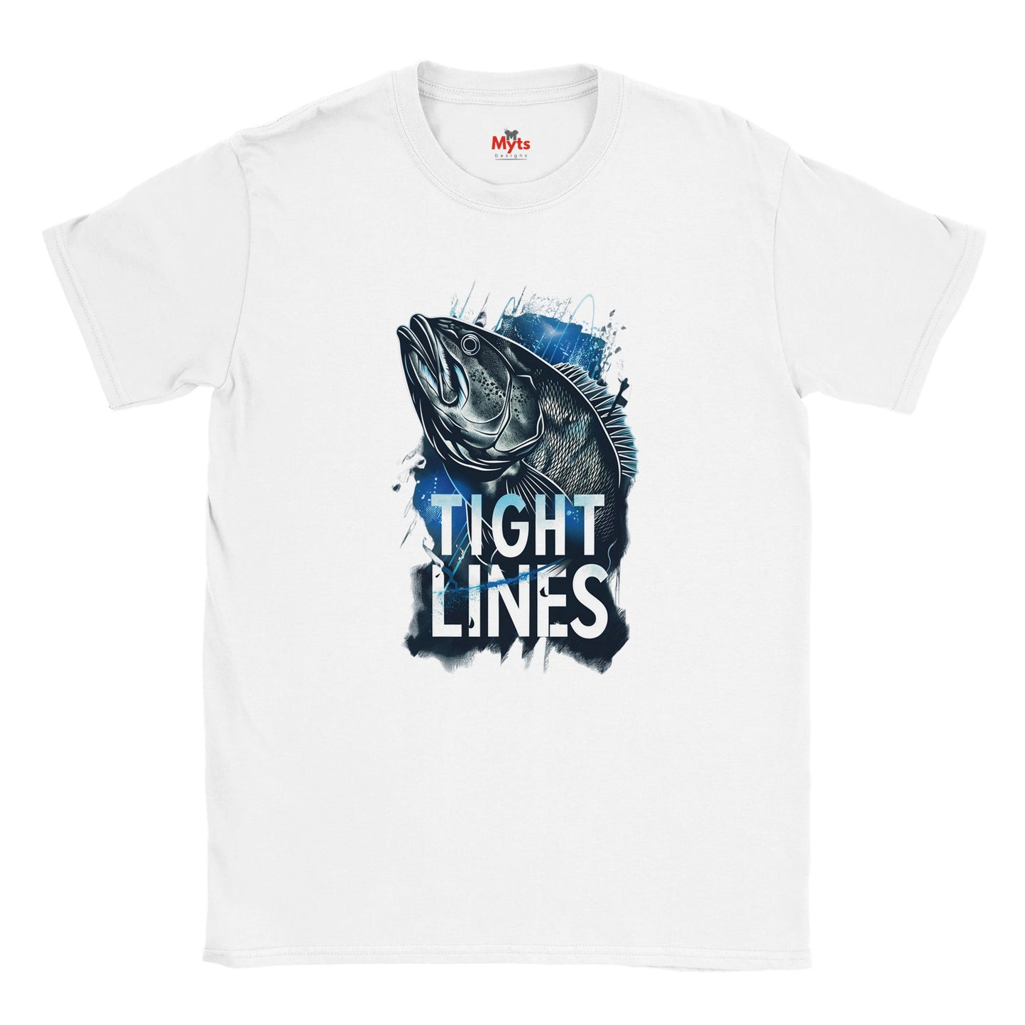 White t-shirt with a fish graphic and 'Tight Lines' text on a white background