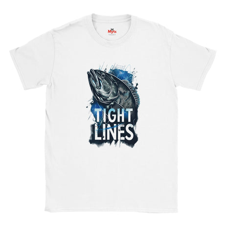 White t-shirt with a fish graphic and 'Tight Lines' text on a white background