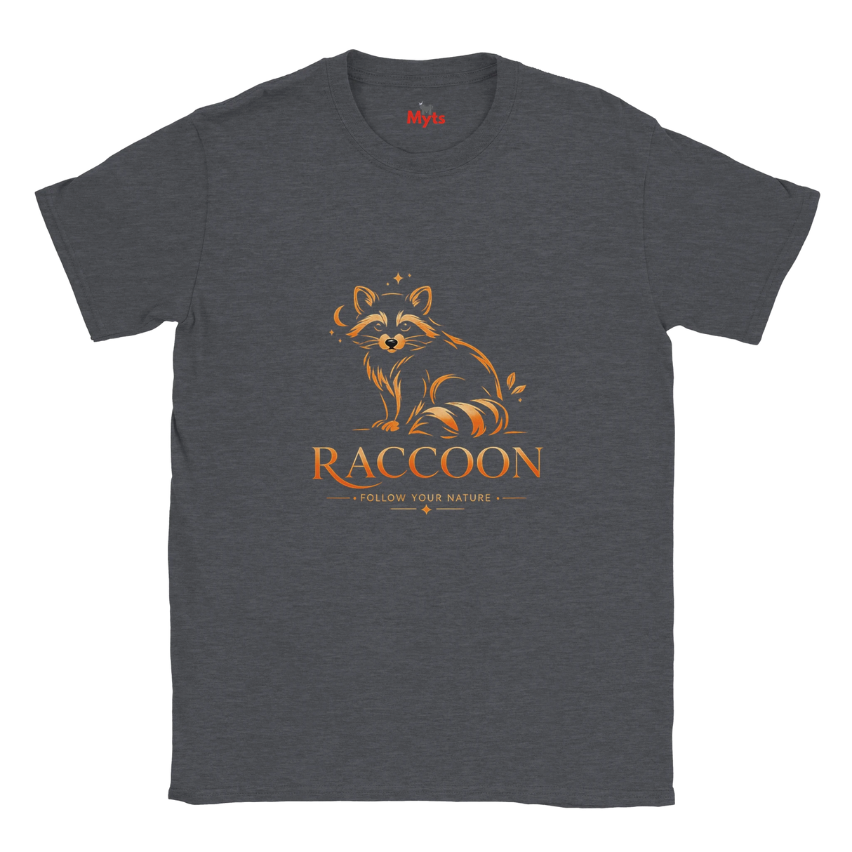 A dark heather gray crewneck t-shirt featuring a stylized orange and brown raccoon graphic with the word 'RACCOON' and the phrase 'FOLLOW YOUR NATURE' printed on the front.