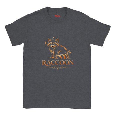 A dark heather gray crewneck t-shirt featuring a stylized orange and brown raccoon graphic with the word 'RACCOON' and the phrase 'FOLLOW YOUR NATURE' printed on the front.