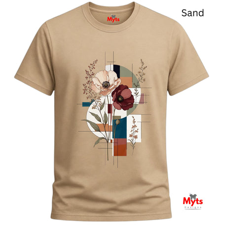 A sand-colored short-sleeve t-shirt with a central graphic print of stylized flowers and geometric shapes in muted tones of red, blue, beige, and white. The brand name 'Myts' is visible on the inner neck label and as a watermark logo in the bottom right corner.