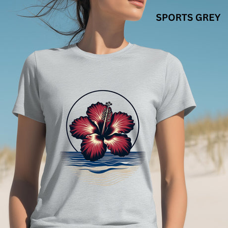 Sports Grey tropical hibiscus flower graphic T-shirt featuring a vibrant red bloom, navy circular outline and stylised blue and sandy-gold ocean waves.