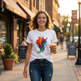 Woman walking on a sidewalk holding a drink, wearing a white t-shirt with a colorful design.
