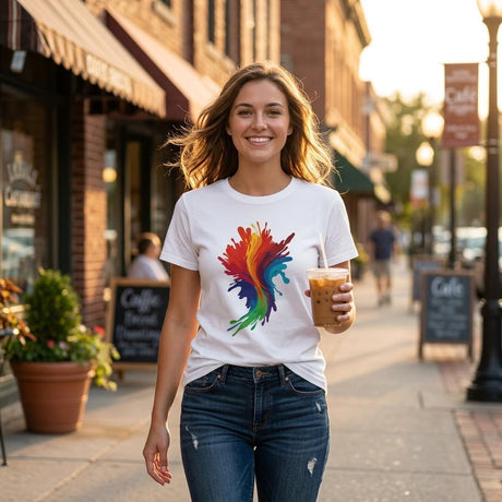 Woman walking on a sidewalk holding a drink, wearing a white t-shirt with a colorful design.
