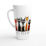 A white ceramic latte mug featuring a graphic of five cartoon cats in different colored suits and shirts, with the text 'YES PLEASE' printed below them.
