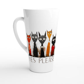 A white ceramic latte mug featuring a graphic of five cartoon cats in different colored suits and shirts, with the text 'YES PLEASE' printed below them.