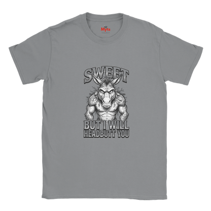 Spots Grey unisex t-shirt featuring a muscular donkey graphic with “Sweet But I Will Headbutt You” slogan by MytsDesigns.
