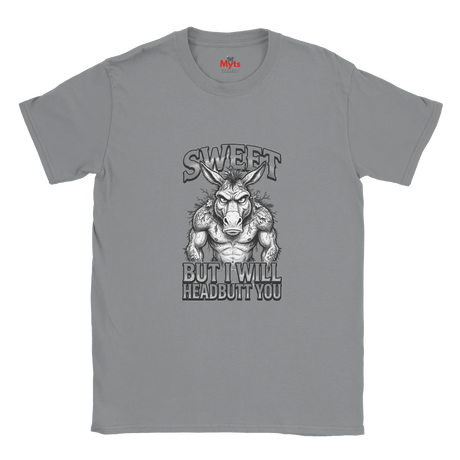 Spots Grey unisex t-shirt featuring a muscular donkey graphic with “Sweet But I Will Headbutt You” slogan by MytsDesigns.