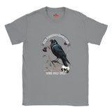 Sports Gray t-shirt with a black crow graphic and text on a white background