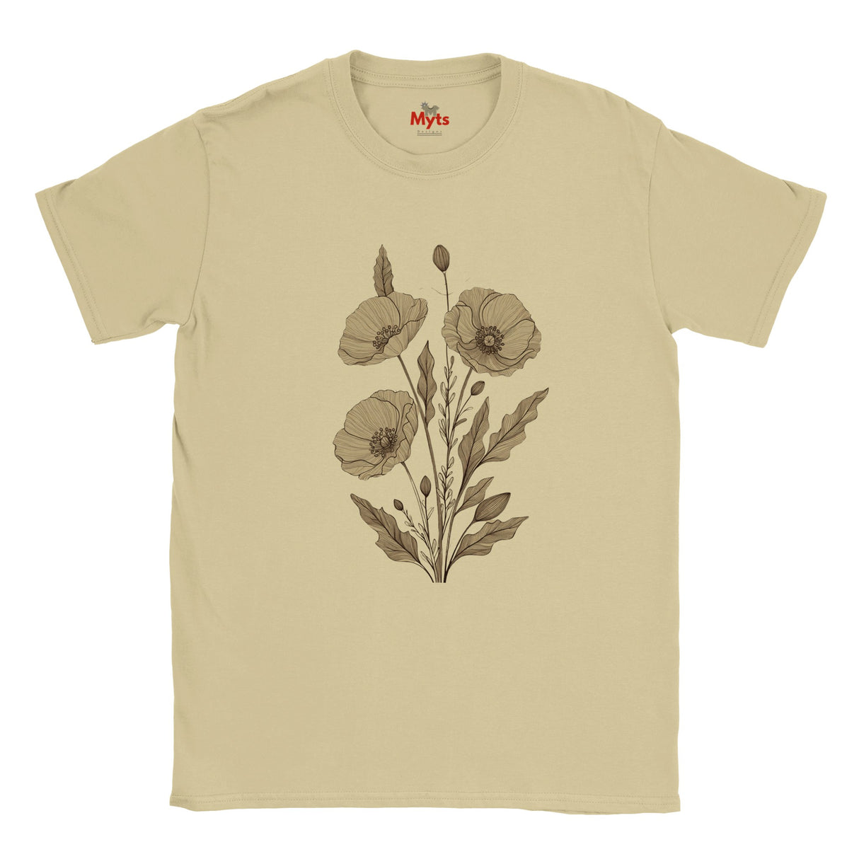 A Sand crewneck t-shirt featuring a vintage-style botanical illustration of three poppy flowers and leaves in brown on the front. The brand name 'The Myts' is printed inside the collar.