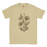 A Sand crewneck t-shirt featuring a vintage-style botanical illustration of three poppy flowers and leaves in brown on the front. The brand name 'The Myts' is printed inside the collar.