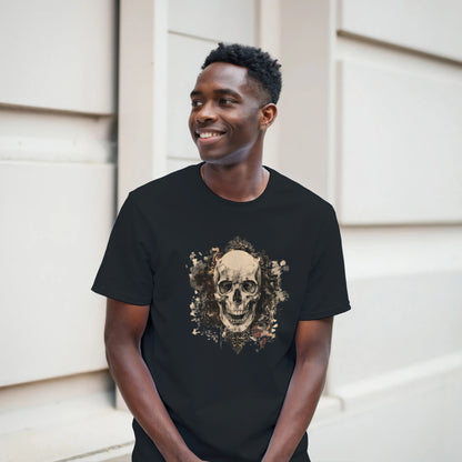 Man wearing a black t-shirt with a skull design outdoors