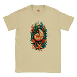 A beige crewneck t-shirt featuring a central graphic of a nautilus shell surrounded by green leaves, orange seashells, and a starfish, with the brand name 'Myts' printed inside the collar.
