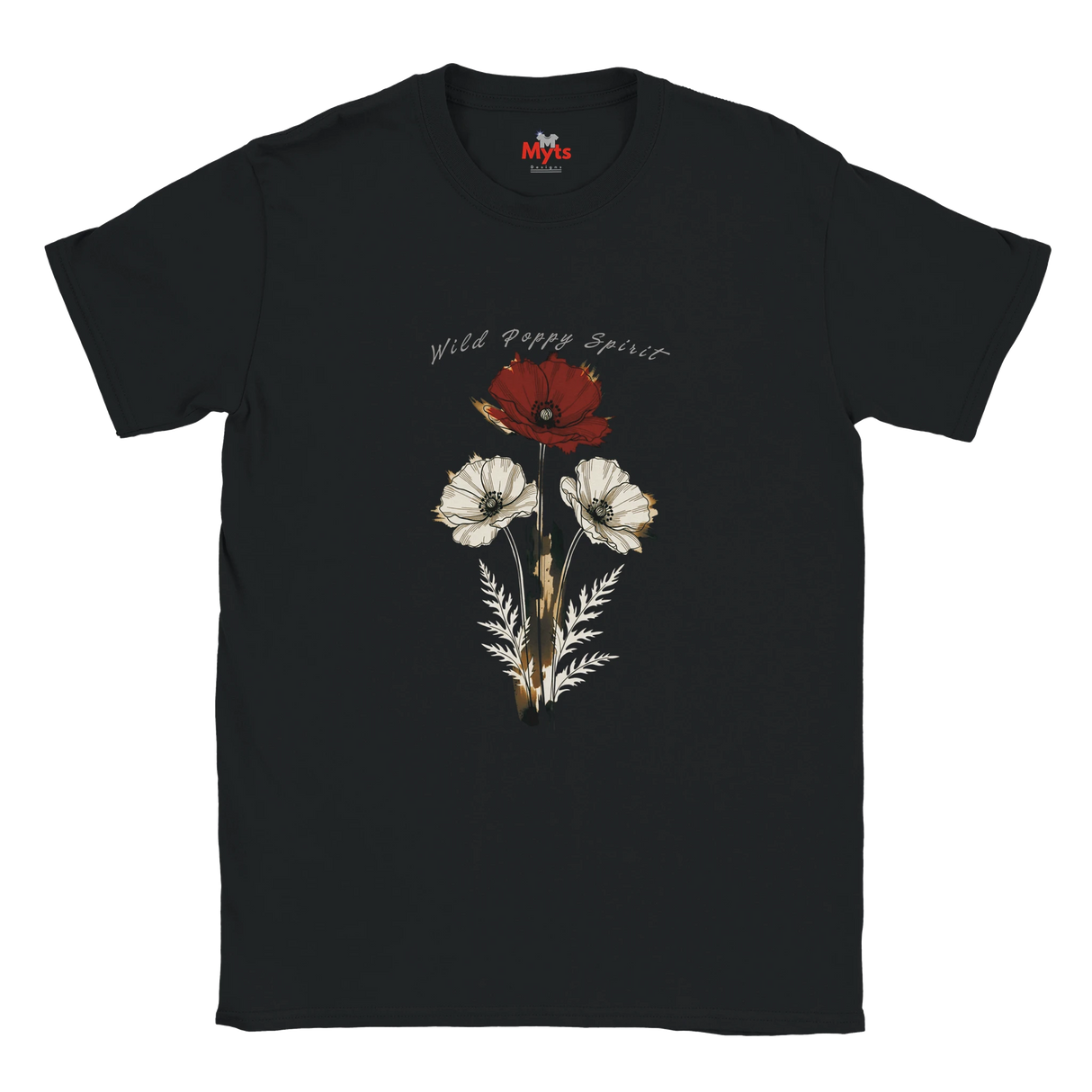 A black short-sleeve crewneck t-shirt featuring a vintage-style botanical graphic of wild poppies in red, white, and muted green, with the text 'Wild Poppy Spirit' printed above the flowers. The brand logo 'MMS' is visible inside the collar.