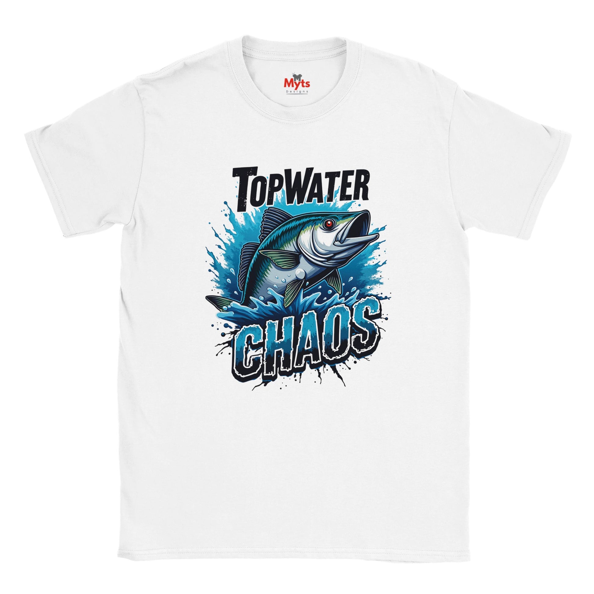 White t-shirt with a fish graphic and 'Top Water Chaos' text on a white background