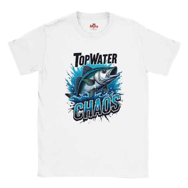 White t-shirt with a fish graphic and 'Top Water Chaos' text on a white background
