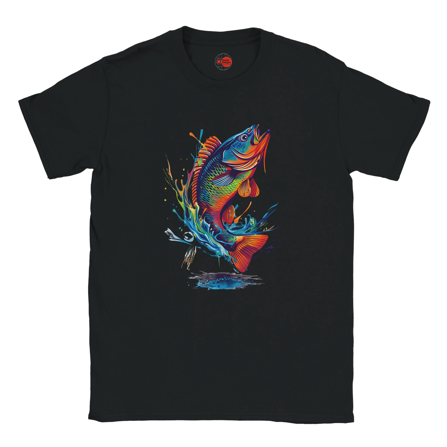Black fishing T-shirt with neon bass splash art graphic design