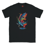 Black fishing T-shirt with neon bass splash art graphic design