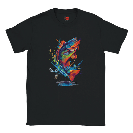 Black fishing T-shirt with neon bass splash art graphic design