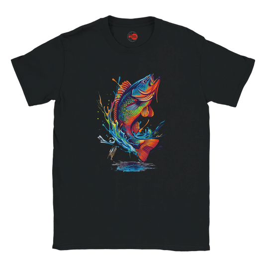 Black fishing T-shirt with neon bass splash art graphic design