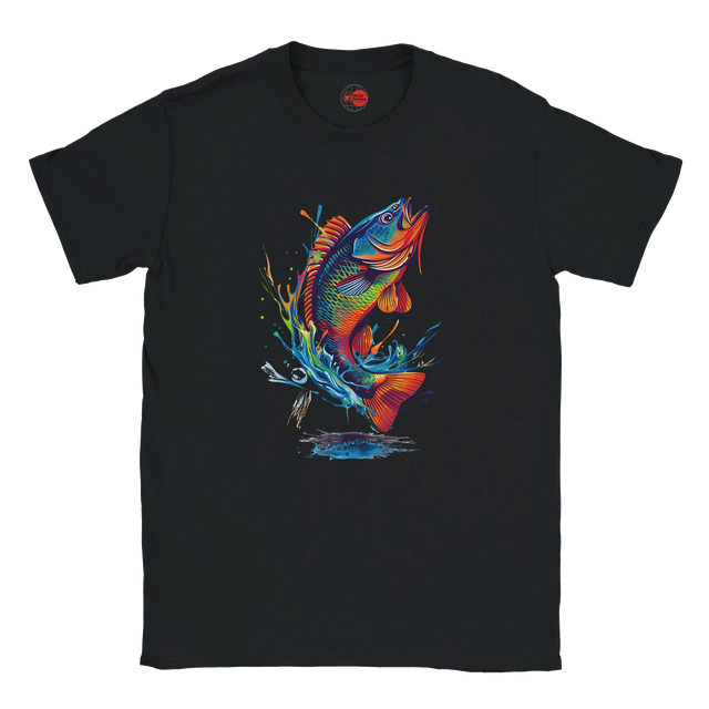 Black fishing T-shirt with neon bass splash art graphic design