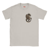 White t-shirt with a black logo on a white background