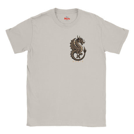 White t-shirt with a black logo on a white background
