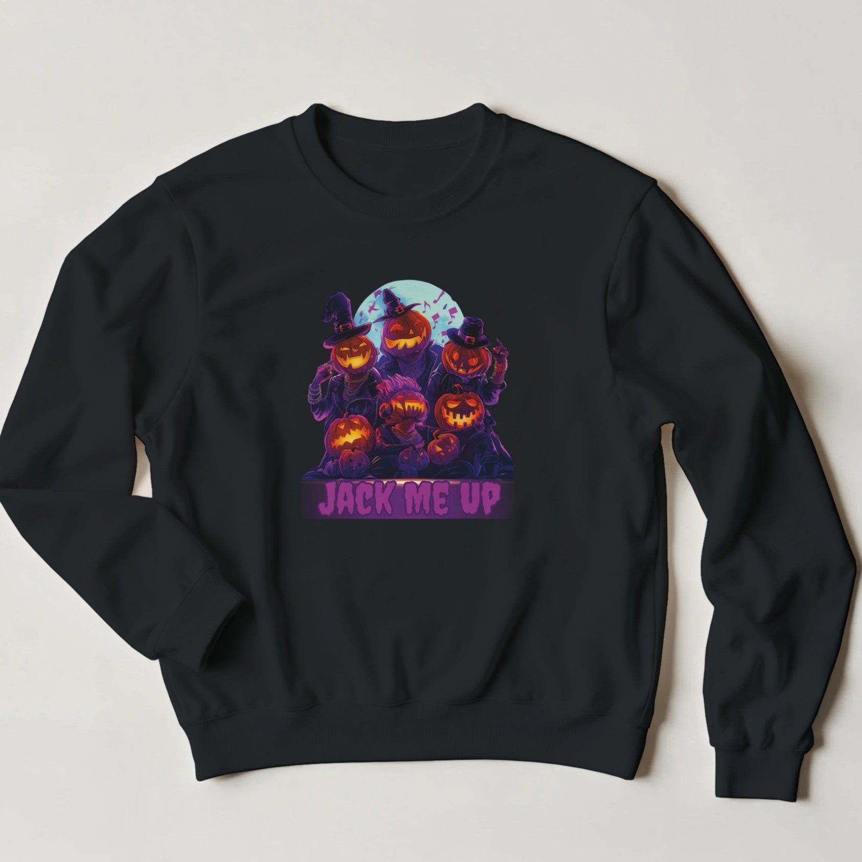 Black sweatshirt with Halloween-themed design featuring pumpkins and 'Jack Me Up' text on a light gray background.