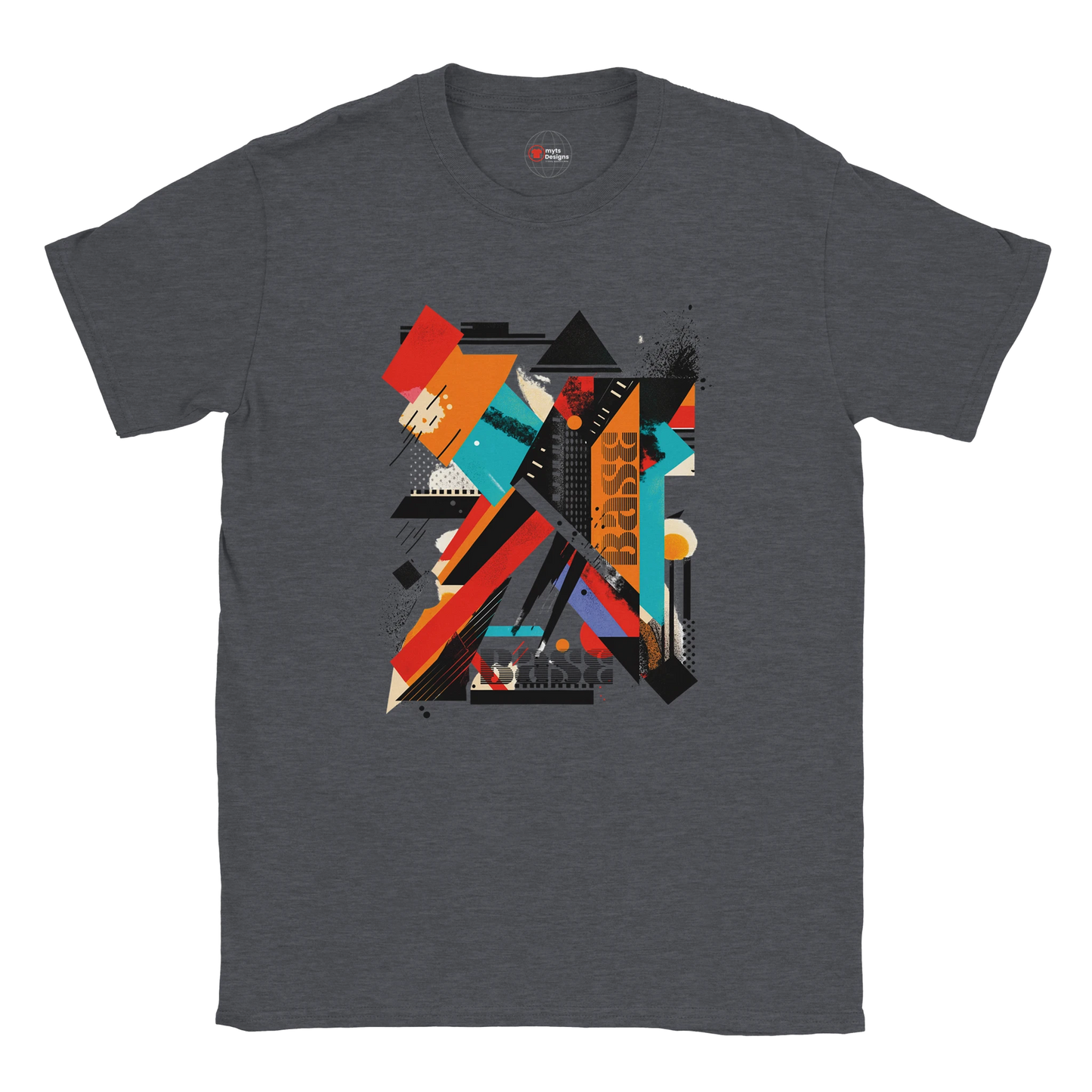 A dark heather unisex crewneck t-shirt with a vibrant abstract geometric art graphic in the center.