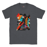 A dark heather unisex crewneck t-shirt with a vibrant abstract geometric art graphic in the center.