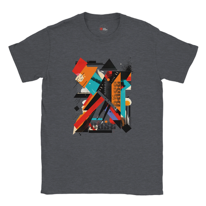 A dark heather unisex crewneck t-shirt with a vibrant abstract geometric art graphic in the center.