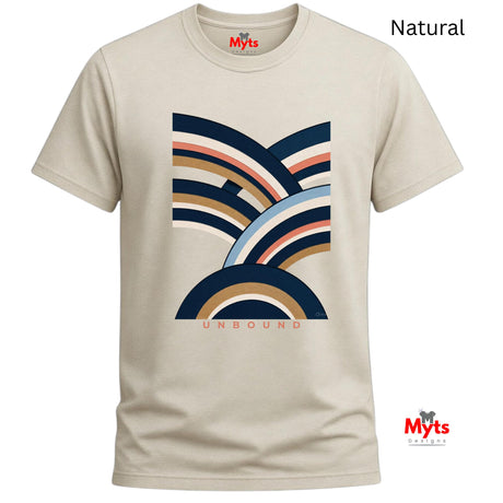 A beige crewneck t-shirt with a colorful retro-style graphic of overlapping arches in navy, tan, orange, and light blue, with the word 'UNBOUND' printed below. The brand 'Myts' is visible on the inner neck label and as a watermark logo in the bottom right corner.