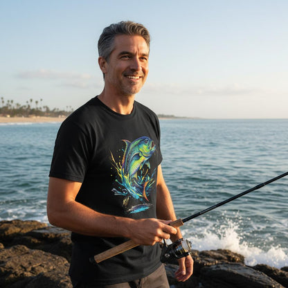 Man holding a fishing rod by the ocean wearing a black t-shirt with a fish design.