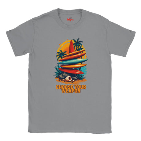 Gray t-shirt with colorful graphic design of surfboards and palm trees, featuring the text 'Choose Your Weapon'.