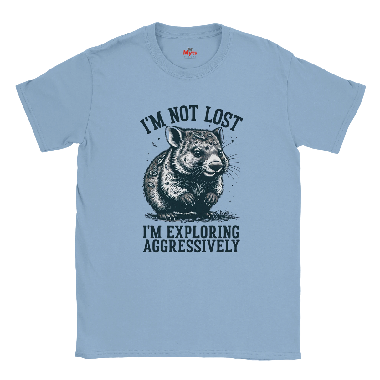 Light blue t-shirt with a Wombat graphic and text on a white background