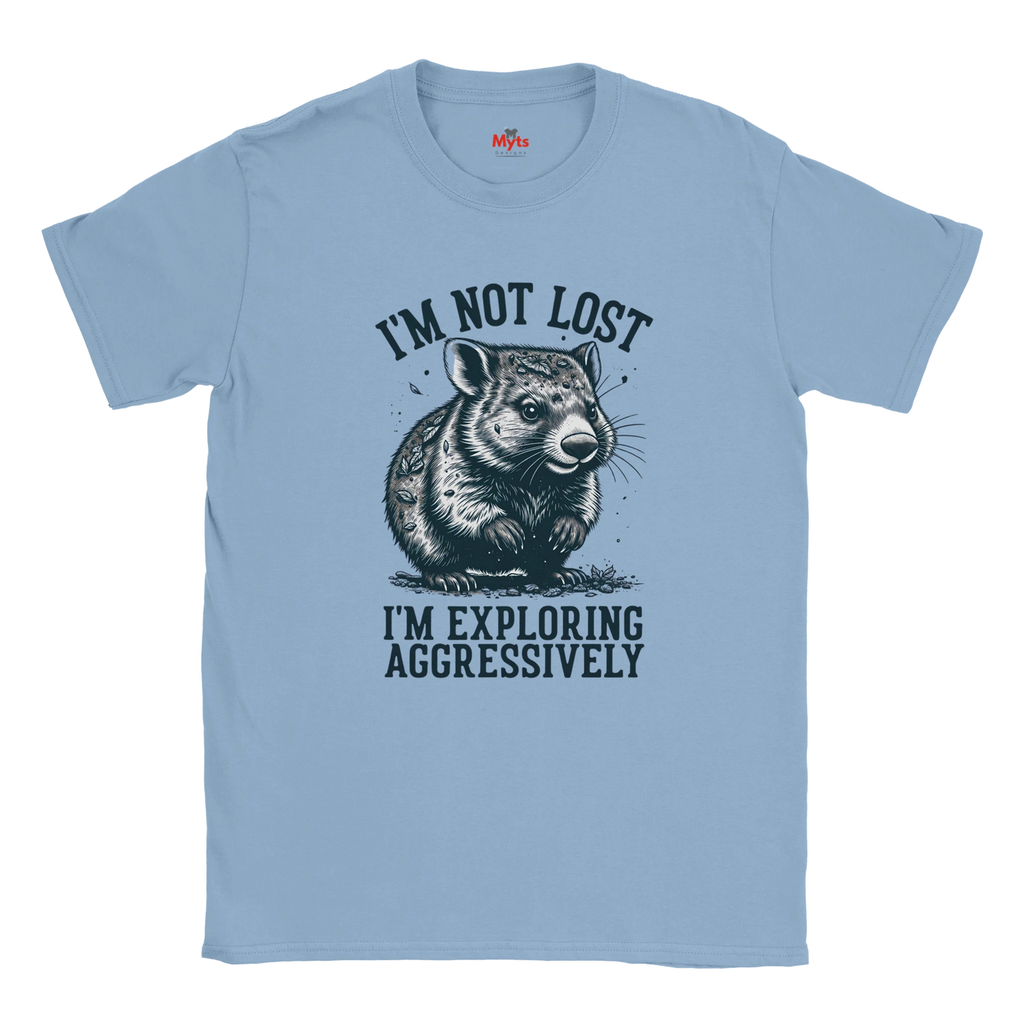 Light blue t-shirt with a Wombat graphic and text on a white background